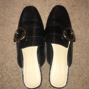 Cute black mules/slip loafers with gold hardware